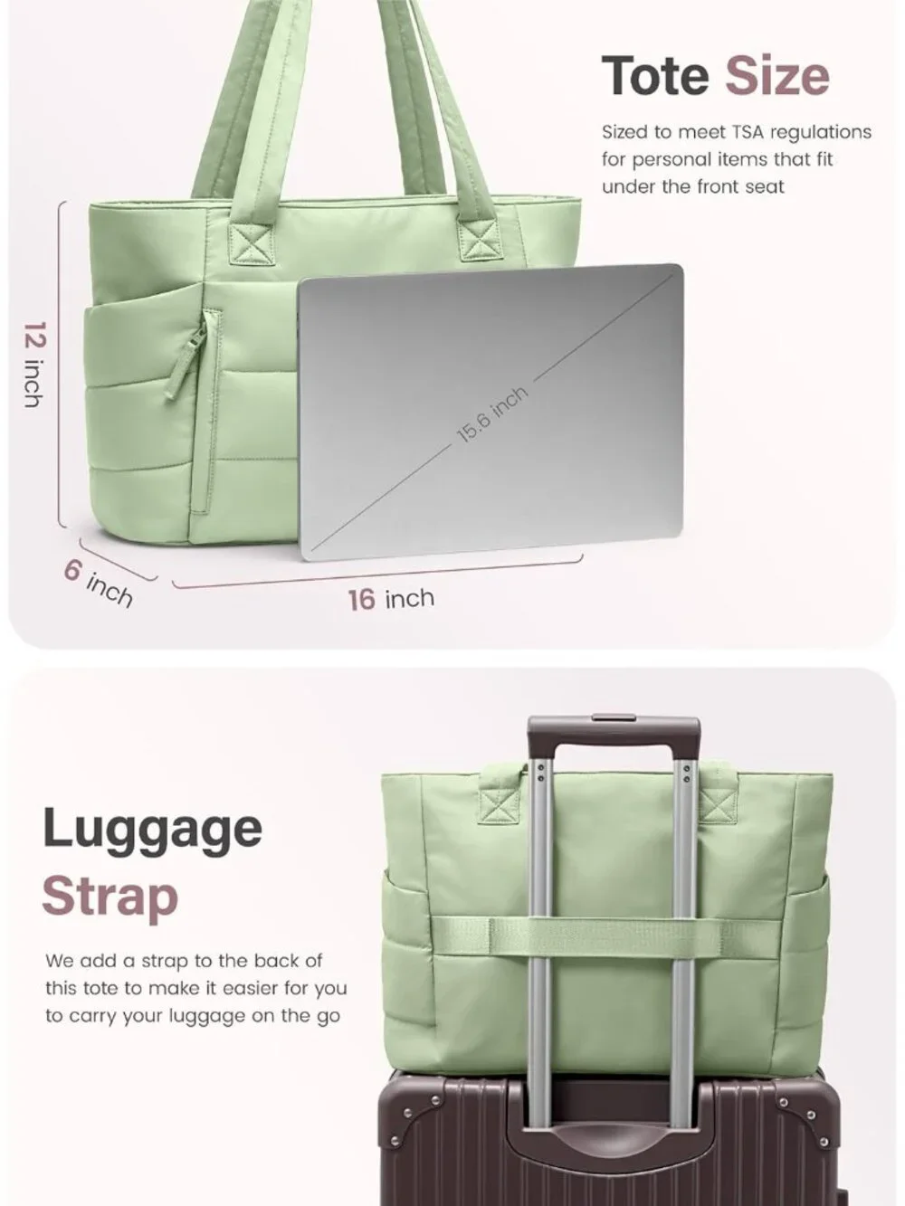 👜Women's Foam Green Quilted Puffer Tote Bag Zipper Work Bag With Compartments